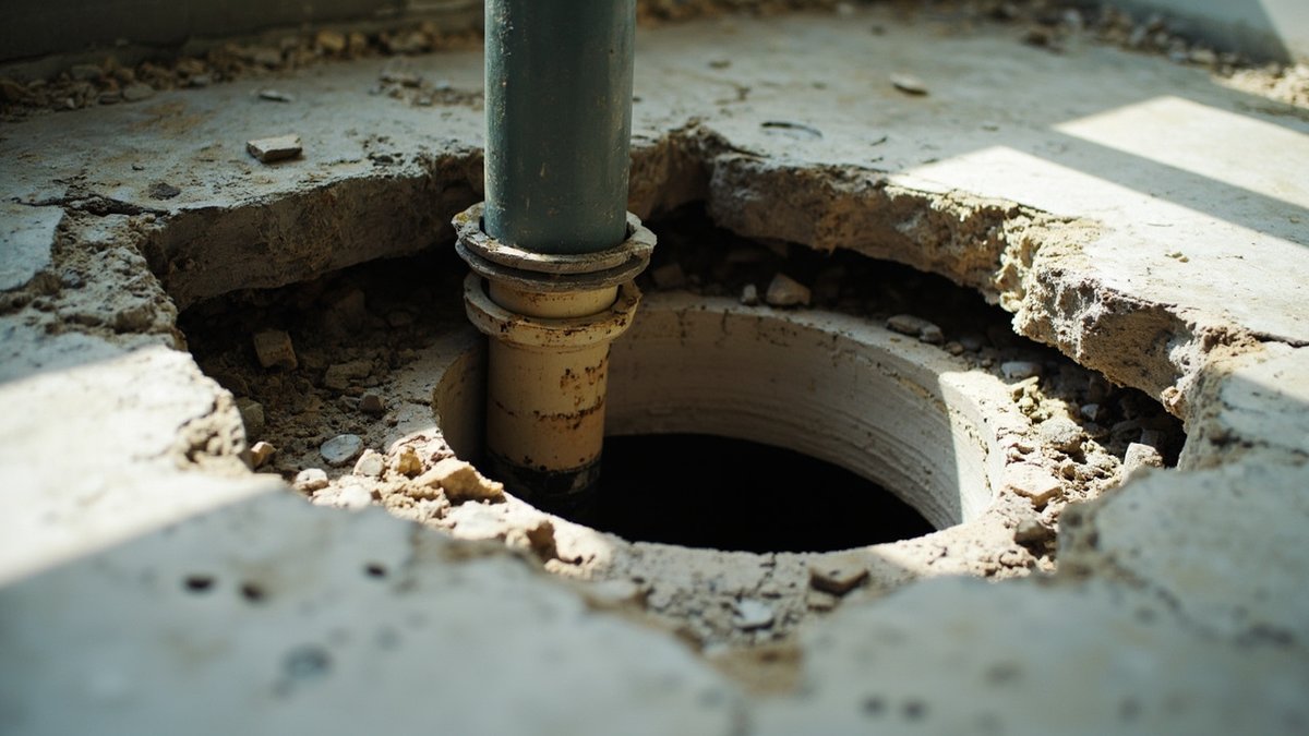 Floor trap and pipe sleeve penetration through a concrete slab