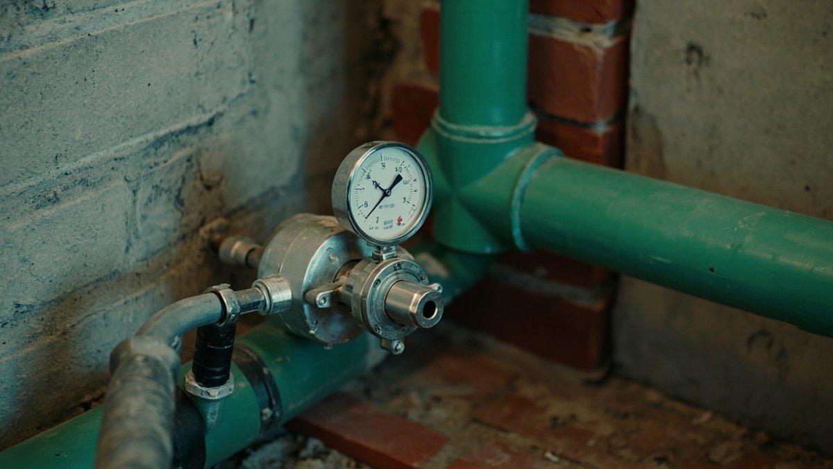 Hand test pump and pressure gauge connected to new PPR pipes in an open wall chase