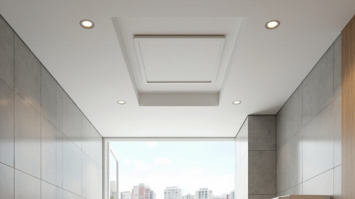 Illustrative concept design: flat moisture-resistant bathroom ceiling with a square access hatch and downlights above light grey tiles