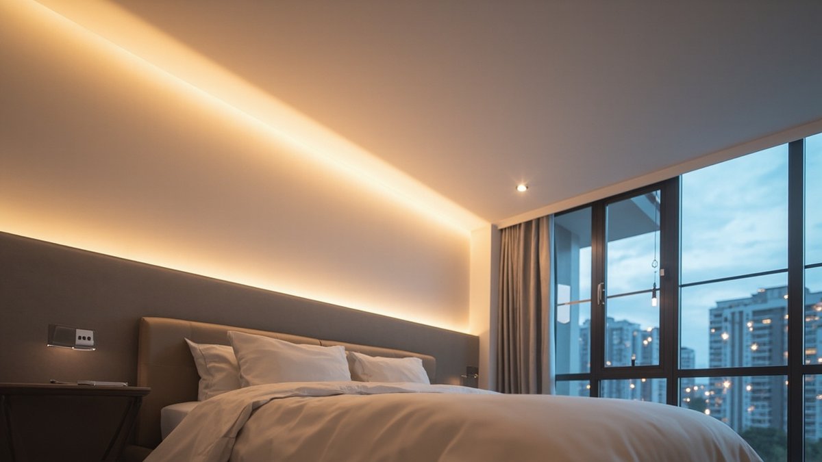Illustrative concept design: condo master bedroom with one lit plaster edge washing warm light down the headboard wall