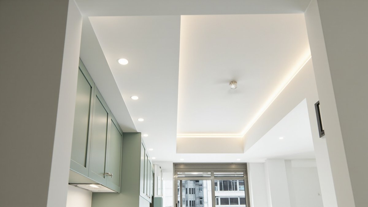 Illustrative concept design: plain plaster bulkhead with round downlights above sage green shaker kitchen cabinets