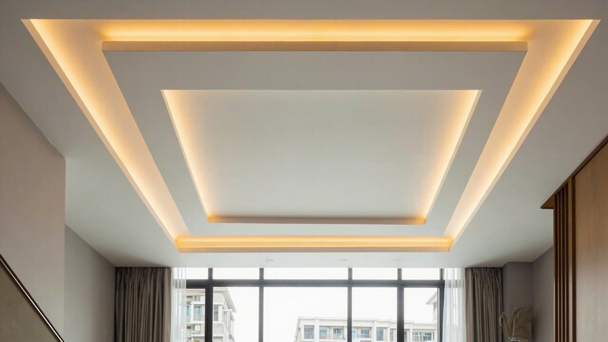 Illustrative concept design: symmetrical two-tier plaster ceiling with warm hidden light in both steps over a tall living hall