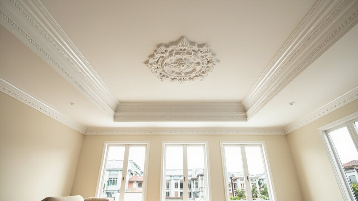 Illustrative concept design: two-tier ornate plaster cornice and carved ceiling medallion in a high formal living room