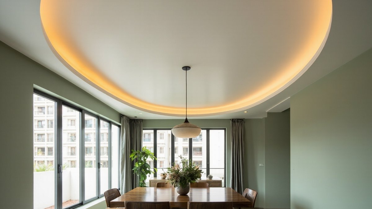 Illustrative concept design: oval recessed plaster ceiling with a glowing rim and a pendant over a walnut dining table