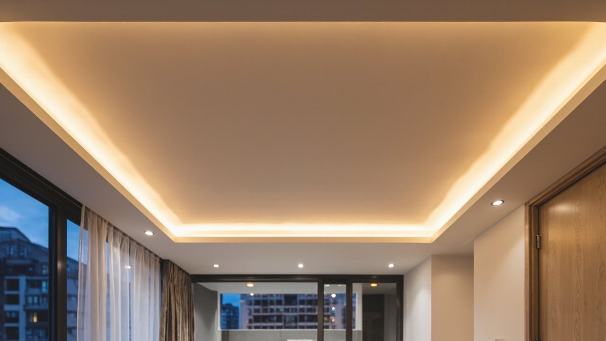 Illustrative concept design: condo living room plaster ceiling with a continuous perimeter cove glowing warm around a flat centre