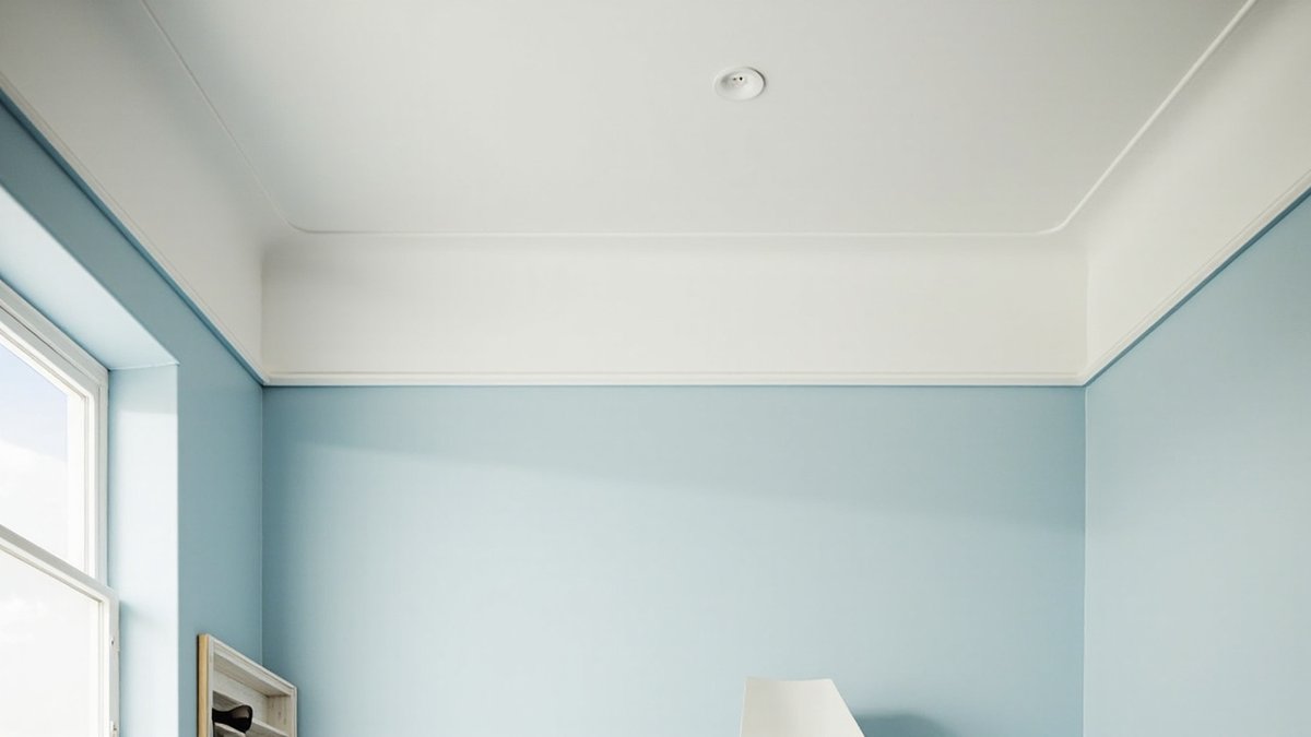 Illustrative concept design: flat plaster ceiling with a smooth plain curved cornice in a kids' bedroom with pale blue walls