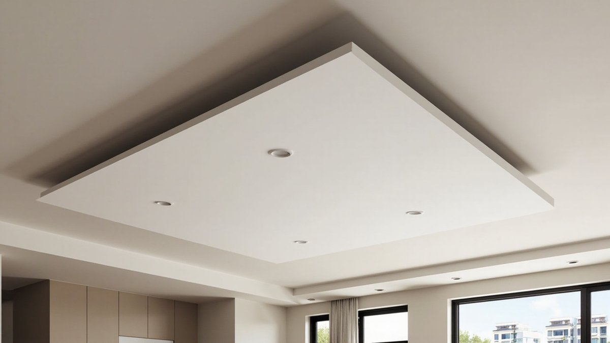Illustrative concept design: large rectangular floating plaster island ceiling with a shadow line and downlights in an open living area
