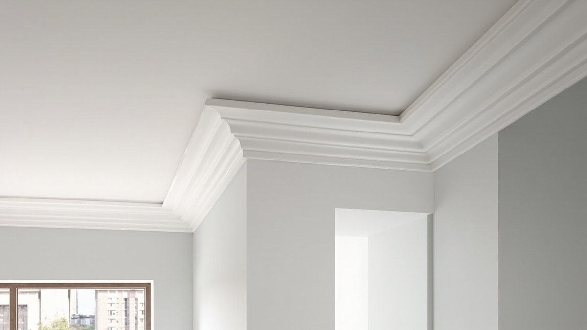 Illustrative concept design: deep stepped profiled gypsum cornice wrapping a wall pier in a room with pale grey walls