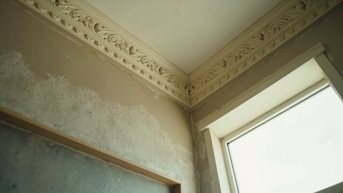Ornate plaster cornice freshly installed along a ceiling corner in a room