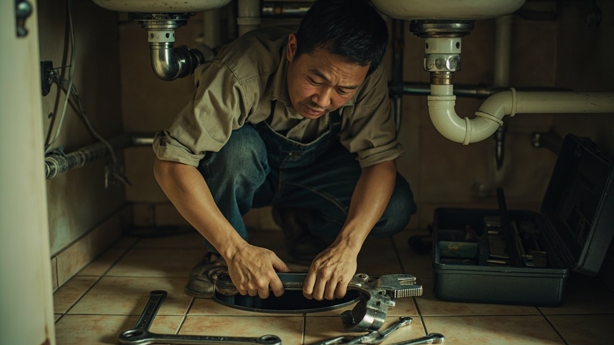 Plumber fixing pipes under a kitchen sink in a Malaysian home