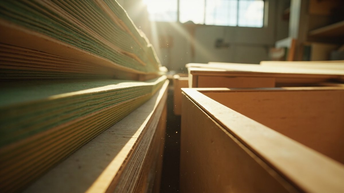 Moisture-resistant plywood cabinet carcass being assembled in a workshop
