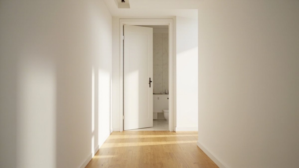 White flush pocket door half slid into a plain wall, opening to a small bathroom