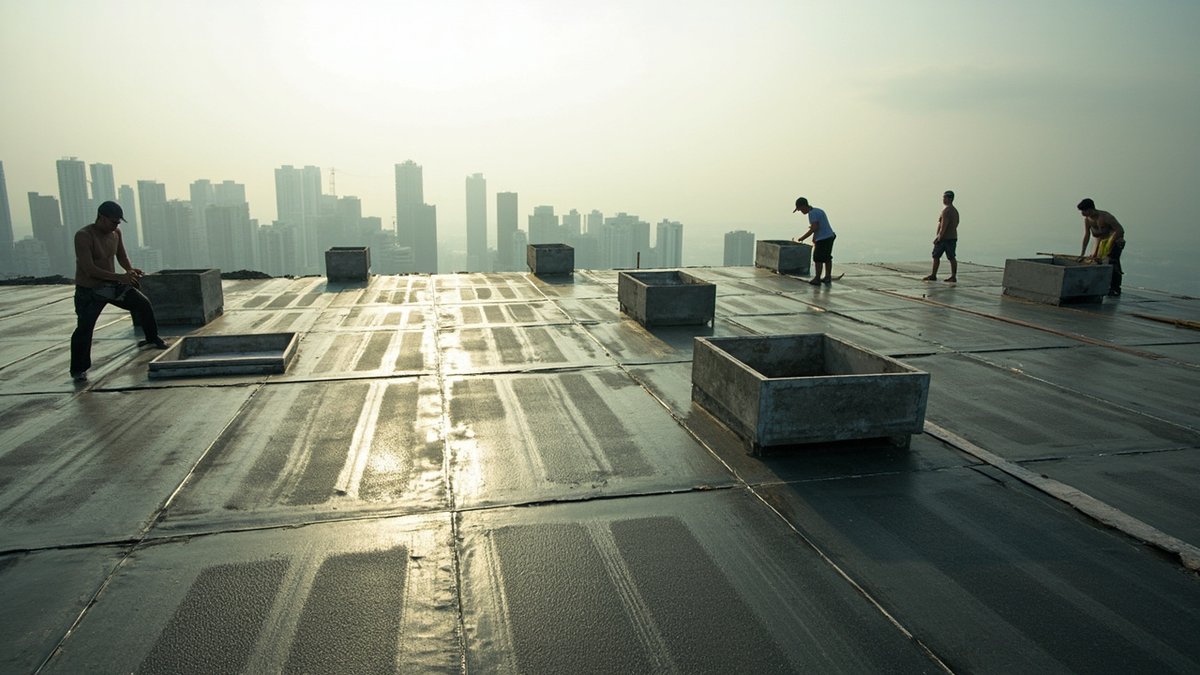Waterproofing membrane and protection boards on a condominium podium deck