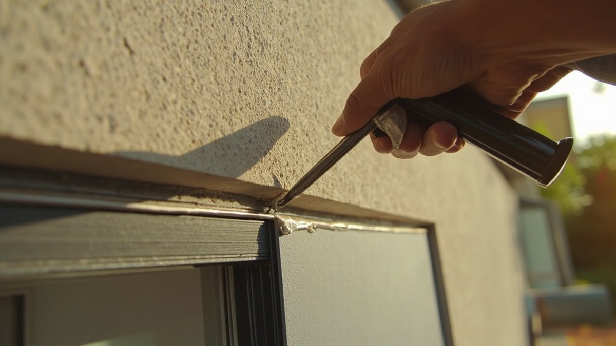 A bead of sealant being gunned into an exterior wall joint beside a window frame