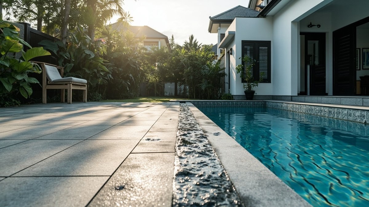 Illustrative concept design: textured grey stone-look paving with a pebble drain channel by the pool