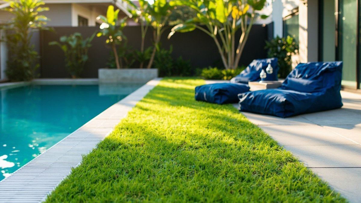 Illustrative concept design: green turf strip beside the pool with navy bean-bag loungers
