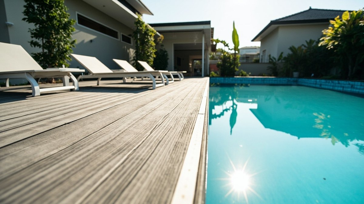 Illustrative concept design: grooved composite deck with white loungers along a pool