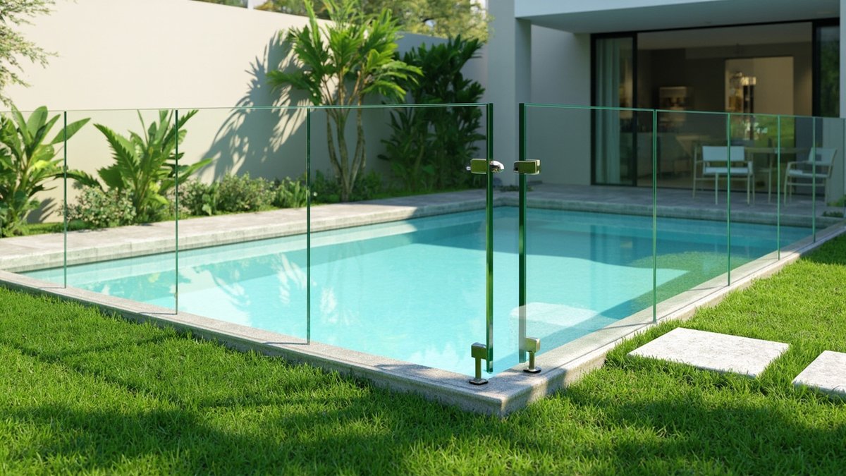 Illustrative concept design: frameless glass safety fence with a gate around a lawn pool