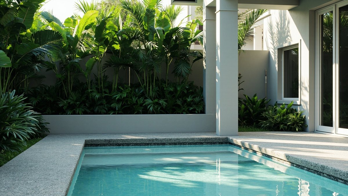 Illustrative concept design: raised palm and fern planter set back from the pool edge