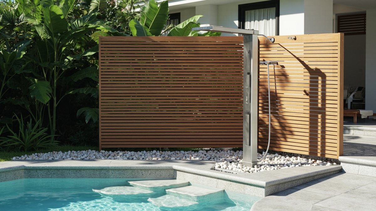 Illustrative concept design: stainless outdoor shower post on a pebble bed beside the pool steps