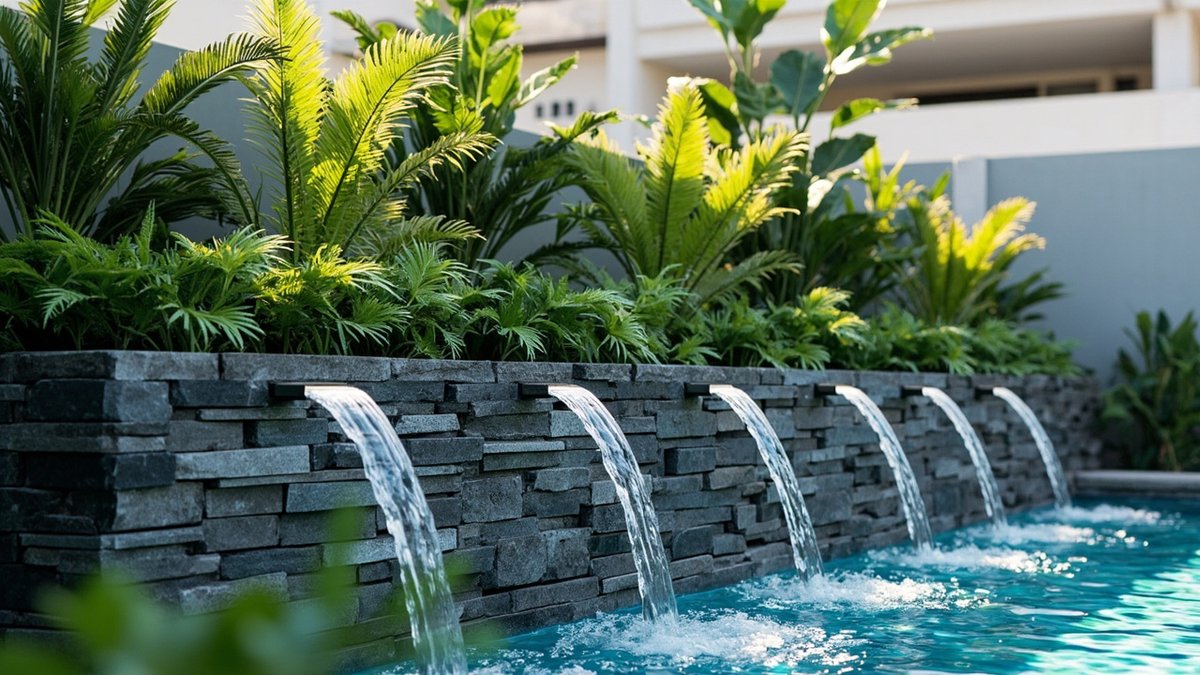 Illustrative concept design: stacked-stone planter wall with slim water spouts into the pool