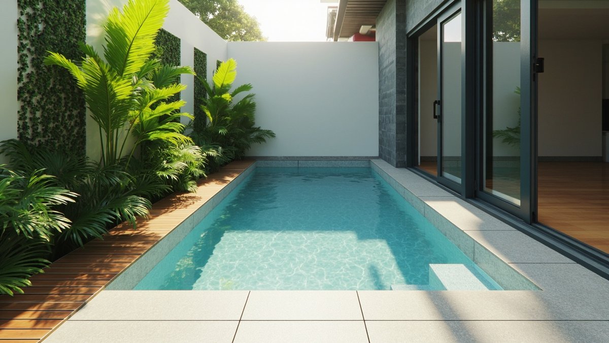 Illustrative concept design: plunge pool in a walled back yard with a timber deck strip
