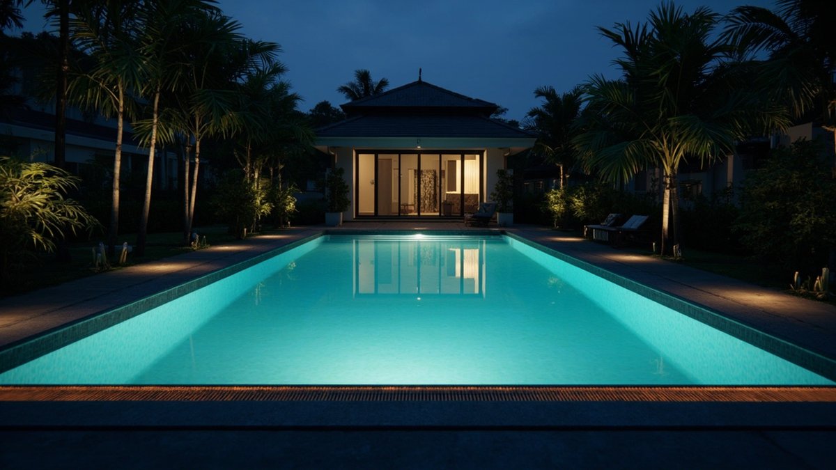 Illustrative concept design: pool glowing at night with low deck lights and uplit palms