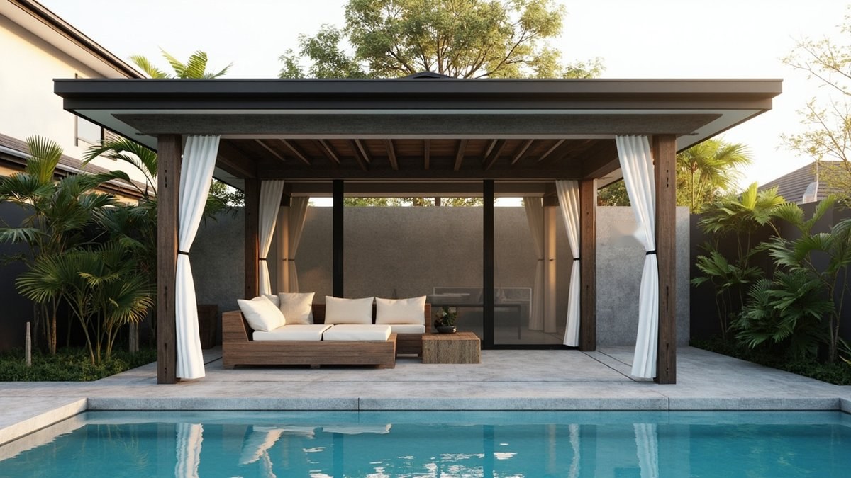 Illustrative concept design: dark timber cabana with white drapes and an outdoor sofa by the pool
