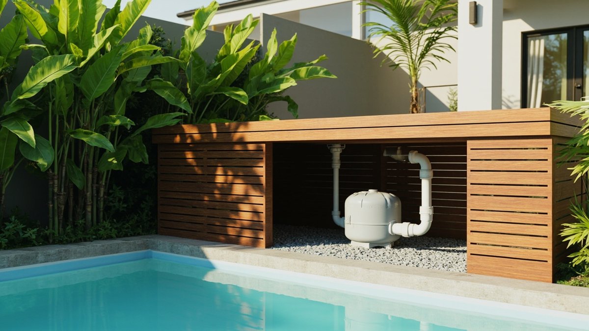 Illustrative concept design: low timber-look slat enclosure around the pool filter and pipes
