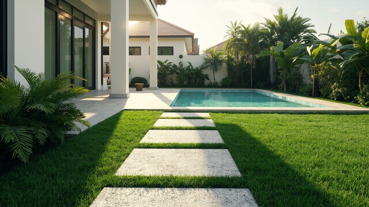 Illustrative concept design: pale stepping slabs across a lawn leading to the pool