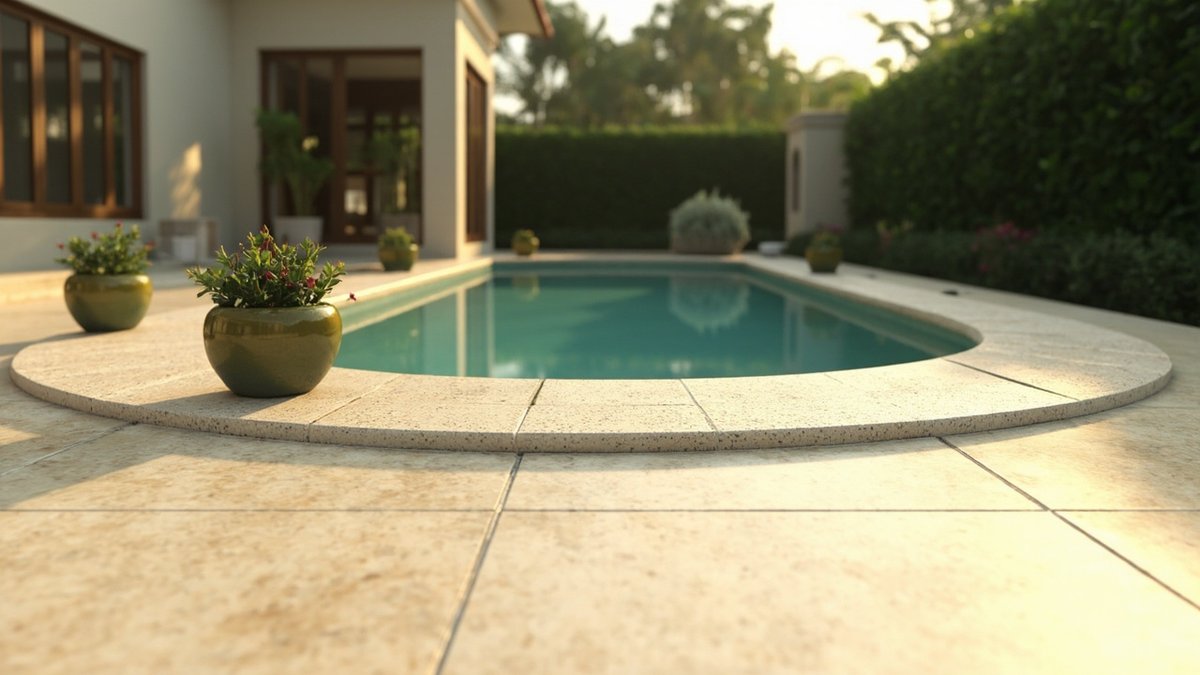Illustrative concept design: pool with cream travertine-look coping and matching paving