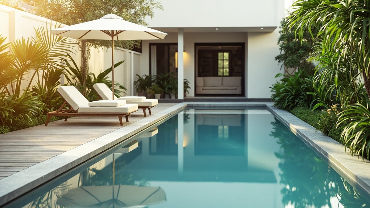 Illustrative concept design: long home pool with a timber-look deck, two loungers under a white umbrella, stone coping and palms beside a white house