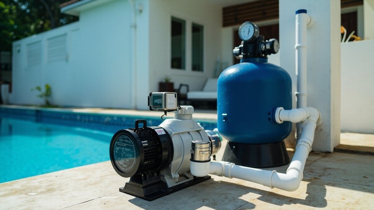 Pool pump, sand filter with pressure gauge and a salt chlorinator cell beside a home pool