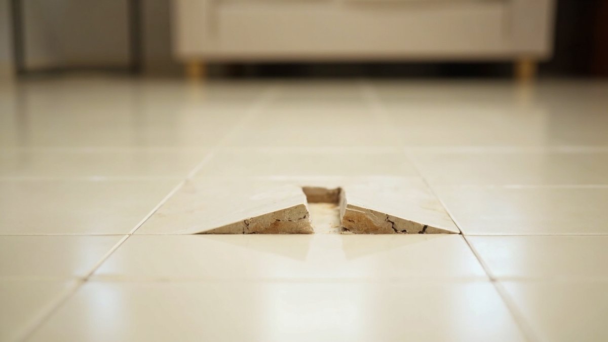 Floor tiles that have popped up and cracked along the joint in a living room