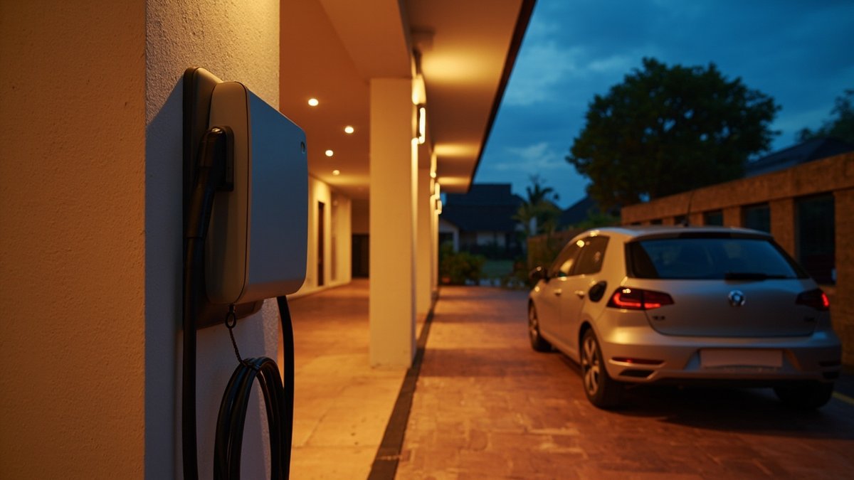 Kotak pengecas EV di tiang porch di sebelah kereta, dengan kabel pengecas mudah alih di dalam but yang terbuka