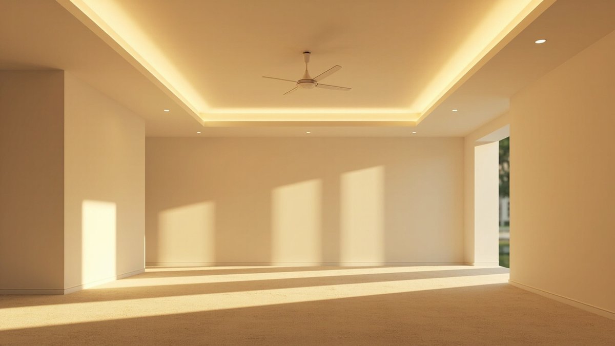 Ilustrasi konsep reka bentuk: siling plaster surau dengan lampu cove LED hangat di sekeliling tepi dan kipas siling nipis di atas karpet polos