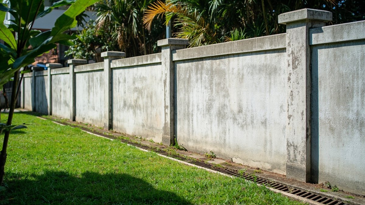 Pagar konkrit precast tiang dan panel kelabu di sepanjang taman rumah teres