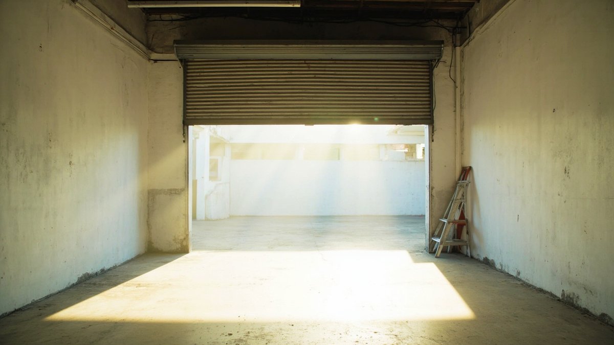 Empty ground-floor shoplot with the shutter half raised and a clean bare interior