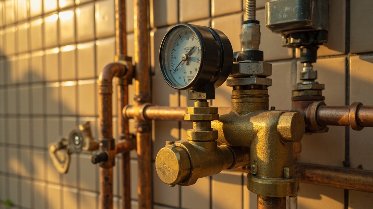 Brass pressure-reducing valve with a pressure gauge on a water supply pipe beside the water meter