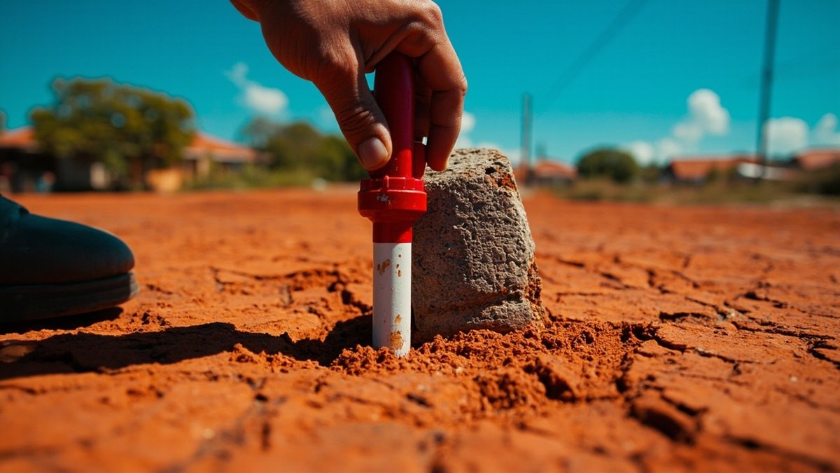 Surveyor placing a ranging pole beside a boundary stone on a vacant lot with a caveat