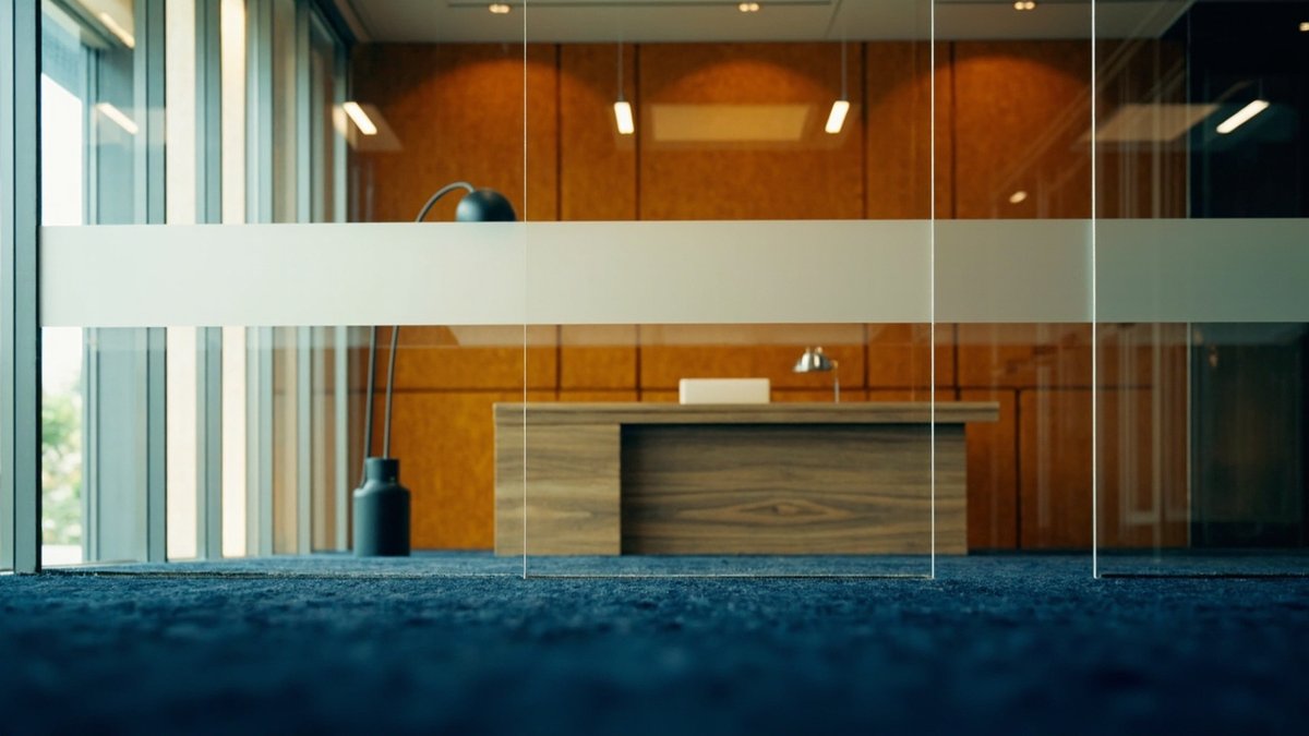 Director's office seen through a frosted glass partition with an oak desk and an ochre felt wall