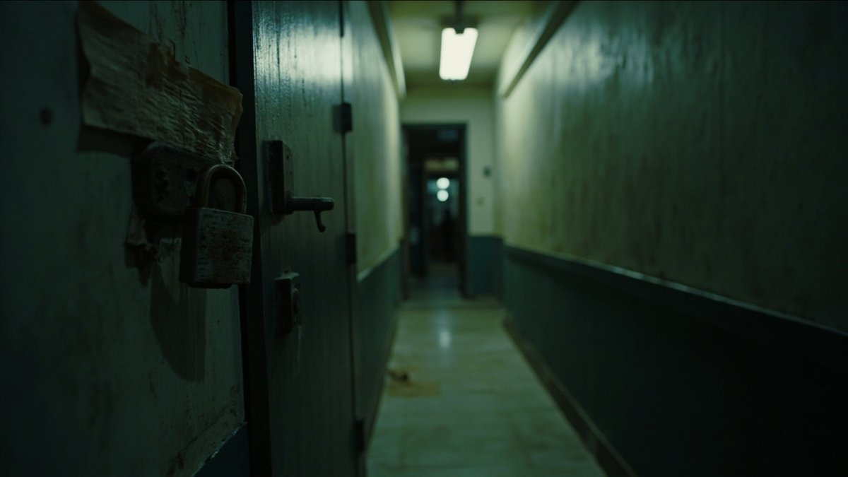 A padlocked hasp on an apartment door in a dim corridor represents a property caveat restricting dealings.