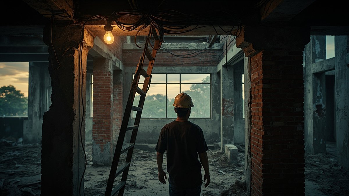 Contractor inspecting a gutted interior during a property renovation