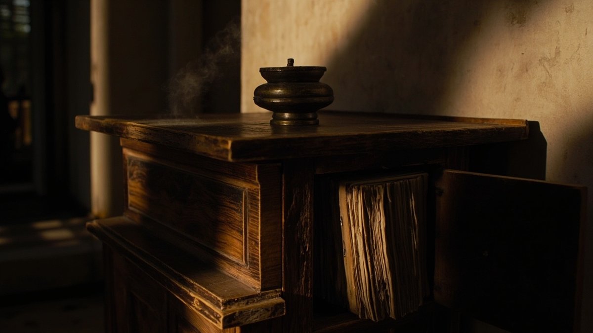 Old wooden cabinet with a bronze incense burner on top and a stack of aged pages behind its open door