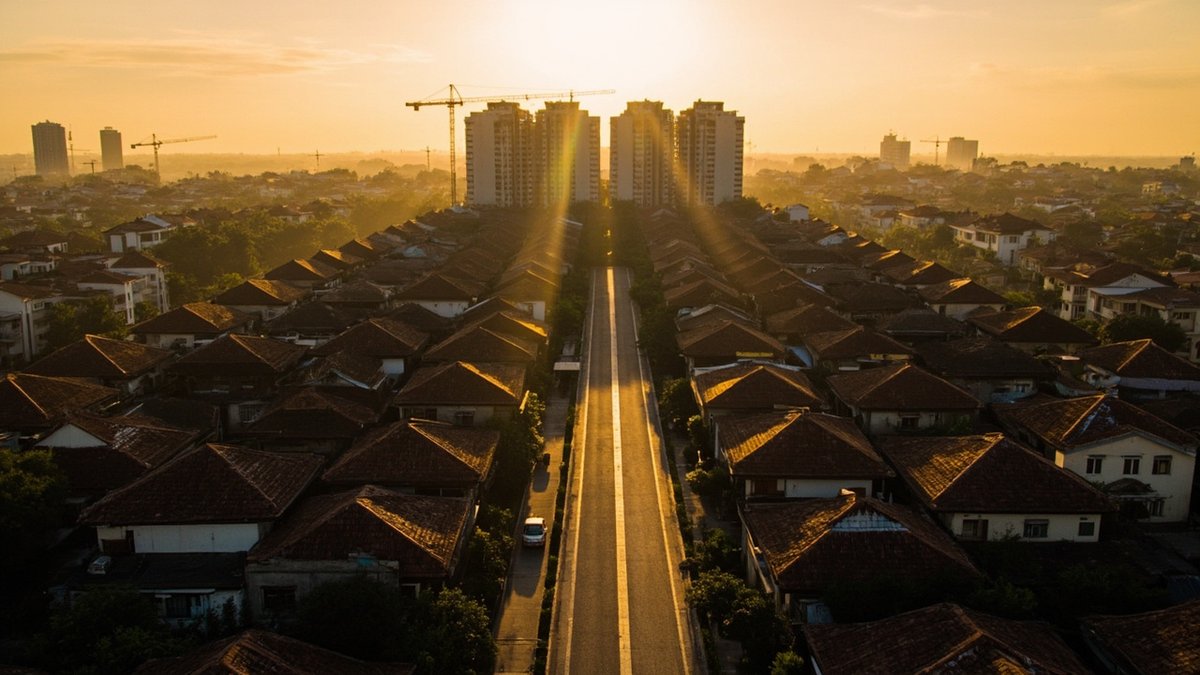 An aerial view where terrace roofs meet strata towers represents freehold leasehold and strata property titles.