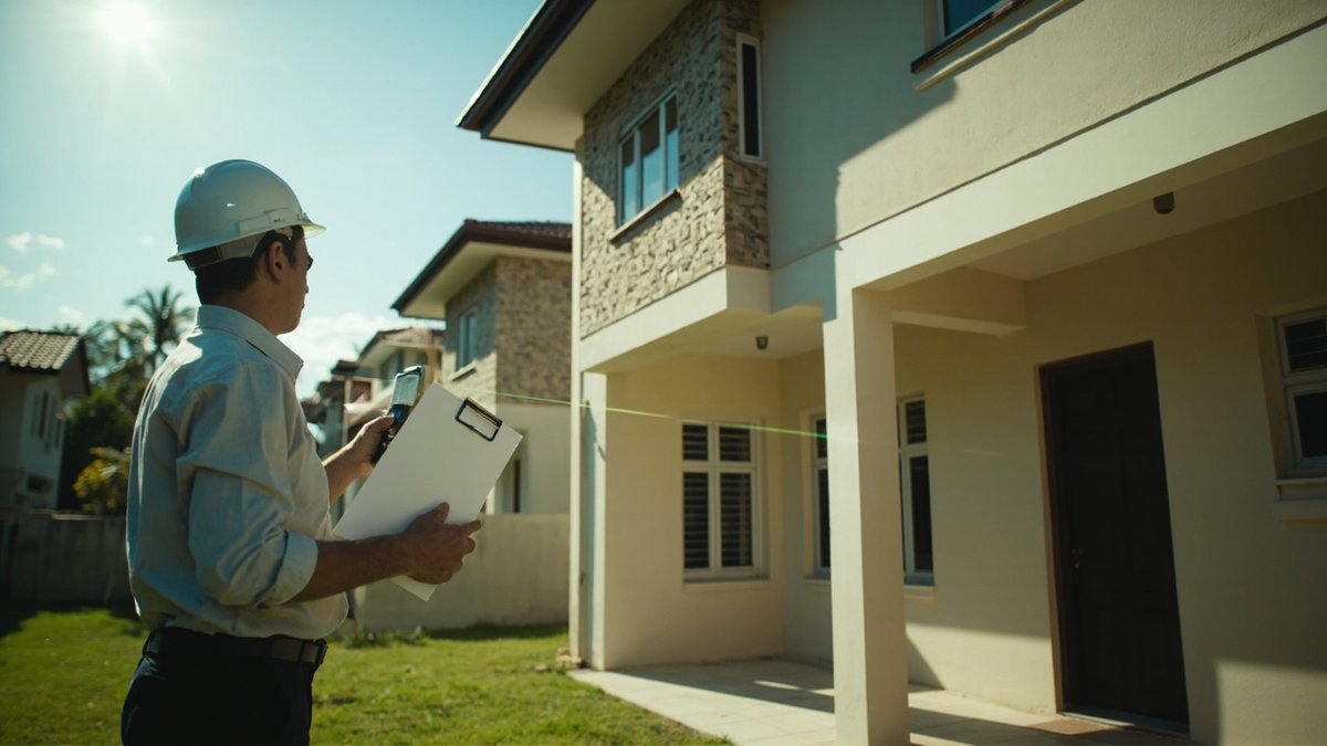 Valuer measuring a house facade with a laser distance meter