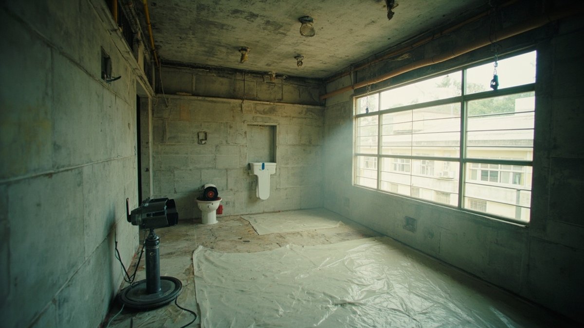 Ceiling opened for PU injection with an open window and fan ventilating the room