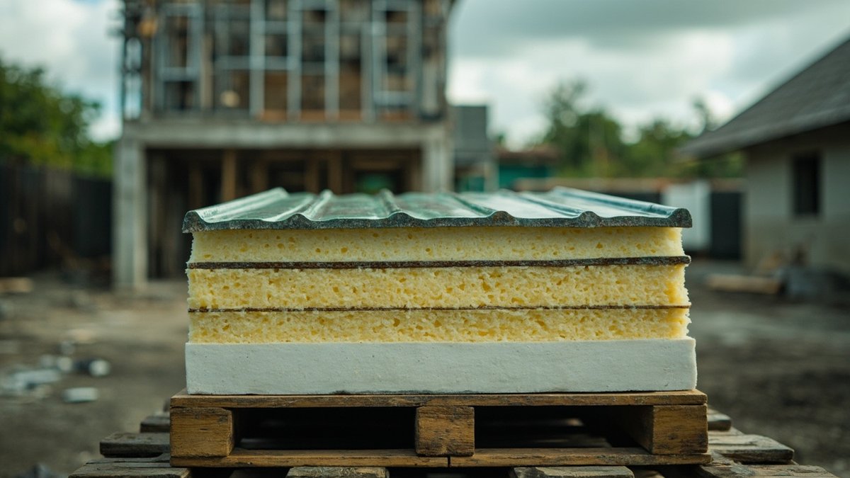 Stacked insulated roof panels showing a ribbed green steel top, yellow foam core and white underside