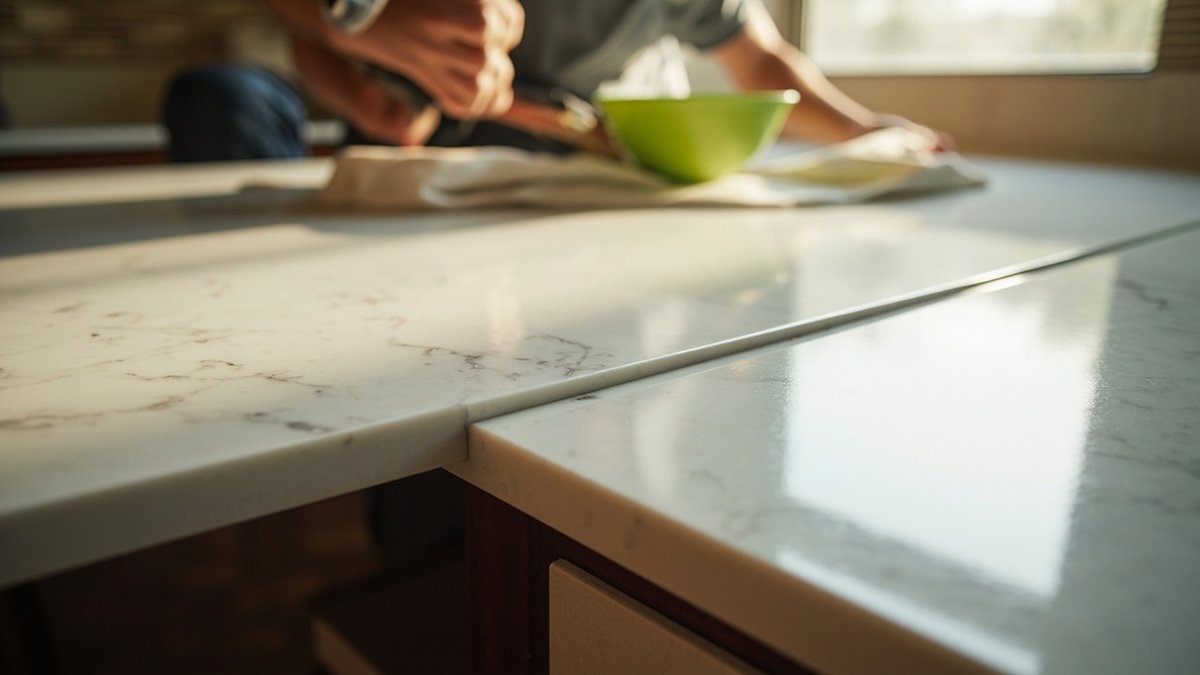 Table top quartz dipasang di atas kabinet dapur