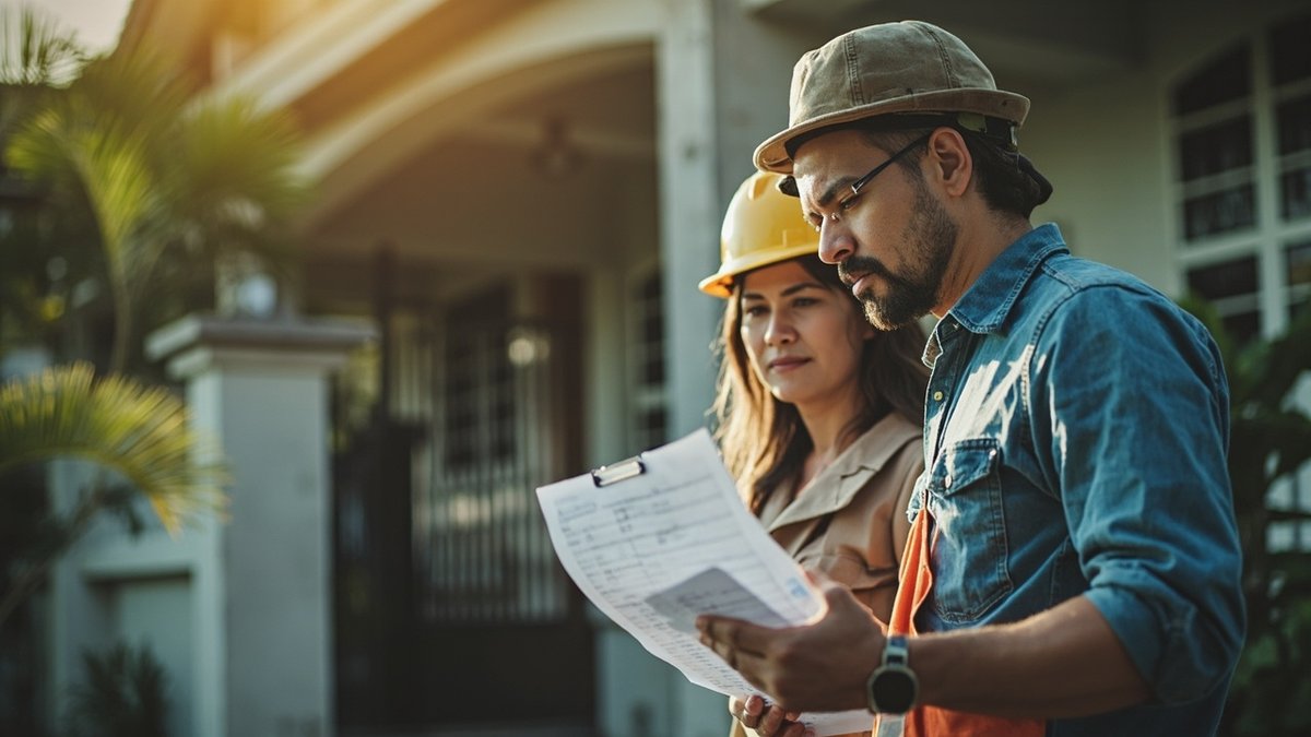 Homeowner reviewing a checklist with a waterproofing contractor